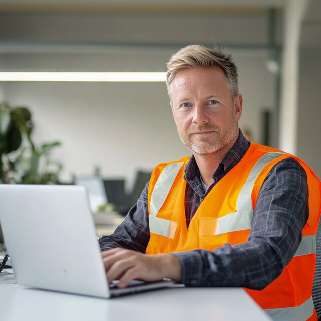 Bauingenieur am Schreibtisch mit Laptop