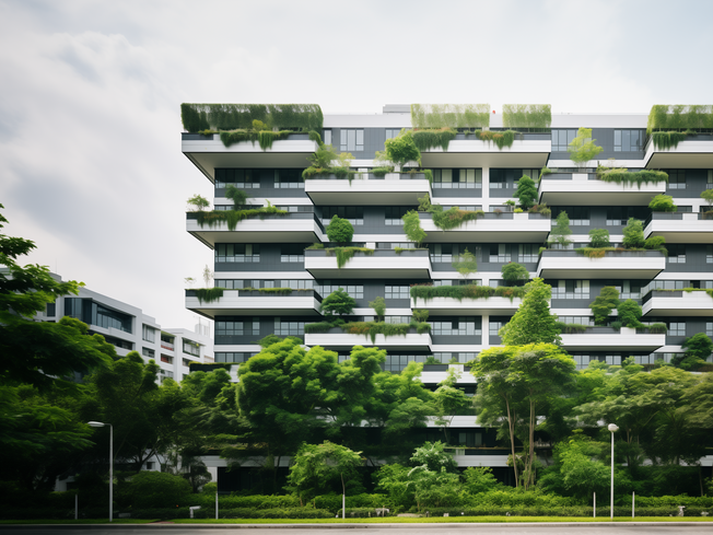 Gebäude mit grünen Balkon